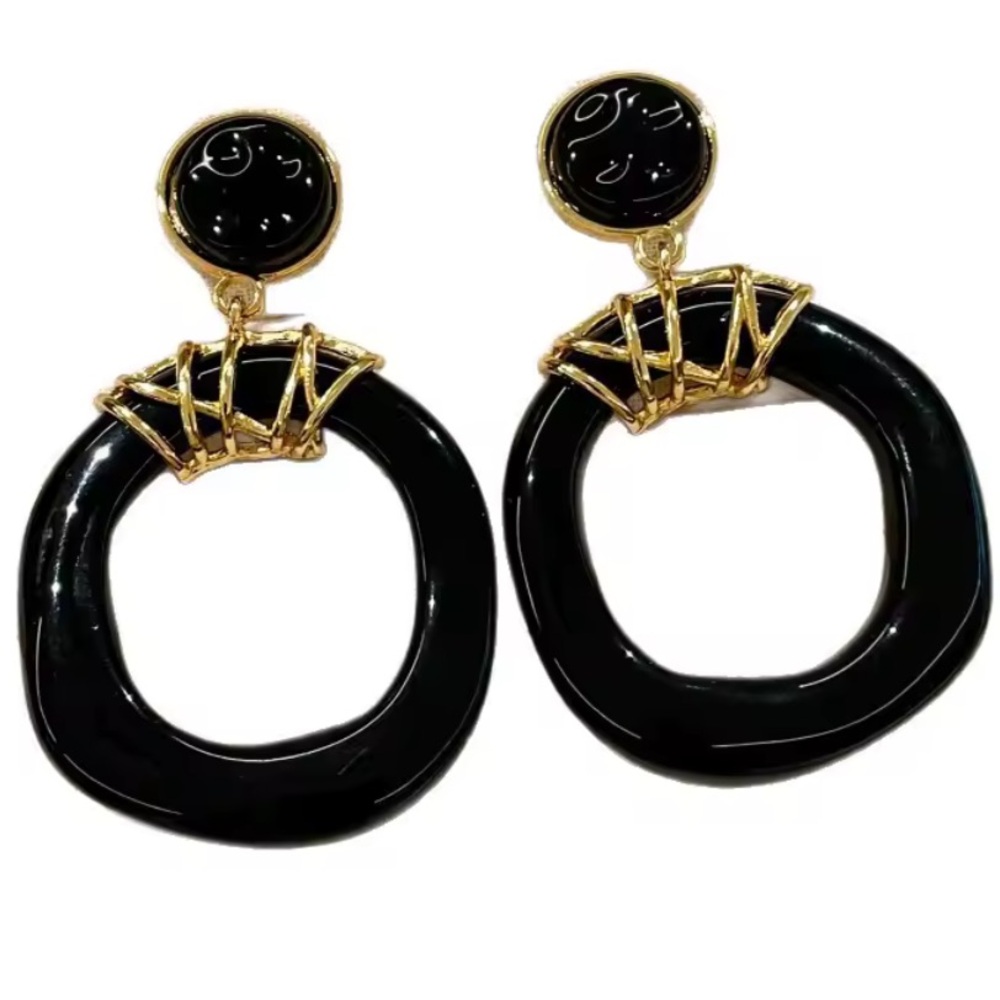 Tory Burch black + gold wrapped door knocker lightweight statement earrings - Picture 3 of 3